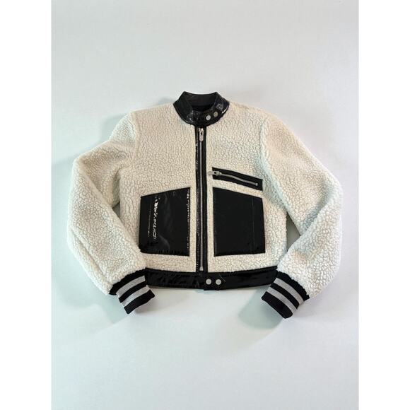Handmade Black & White Shearling Moto Jacket Patent Leather Contrast, Cropped - Picture 1 of 16